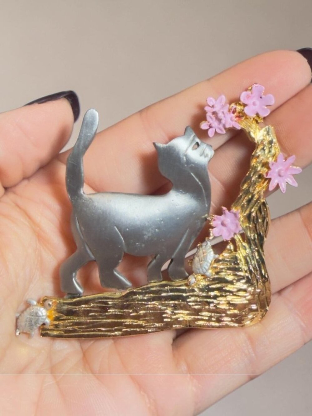 Ultracraft Vintage Cat Brooch Pink Floral Upcycled Turtle Branch 3"